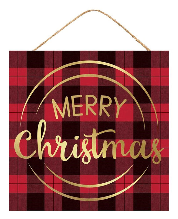 The 10" square Merry Christmas Check Sign (Product Code: AP860324) is designed in a black and red plaid pattern with gold lettering, and it comes with a natural rope for easy hanging. This charming sign adds a festive touch to your decor.