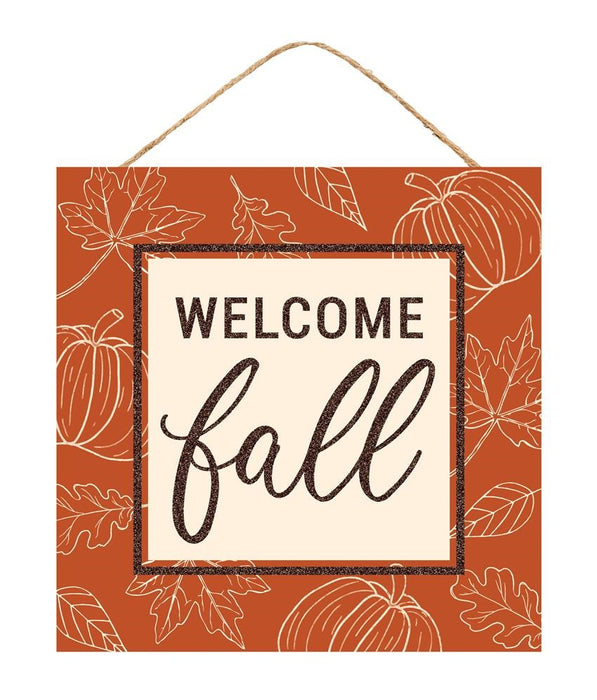 10"Sq Mdf Welcome Fall Sign  Cream/Dark Orange/Brown  AP8989