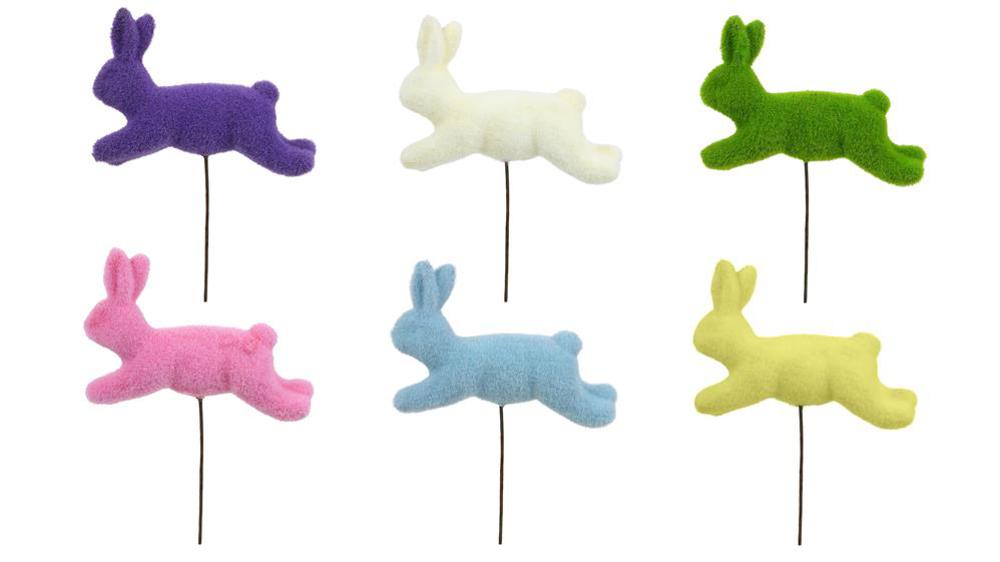 17"Oal X 8.5"L X 6"H Flocked Rabbit Pick  6 Assorted Purple, Pink, Cream, Green, Blue Yellow  HE722798