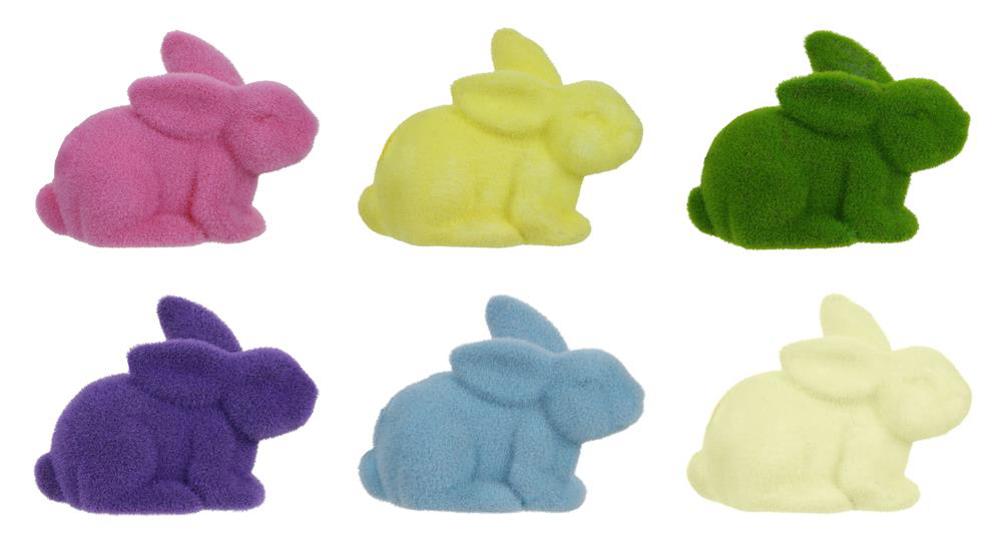 8.5"L X 6"H Flocked Laying Rabbit  6 Assorted Purple, Pink, Cream, Green, Blue, Yellow HE722998