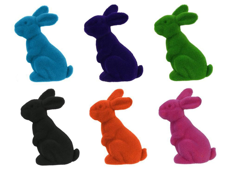 11.5"H X 7"L Flocked Sitting Rabbit  6 Assorted Purple, Pink, Black, Green, Turquoise, Orange  HE723099