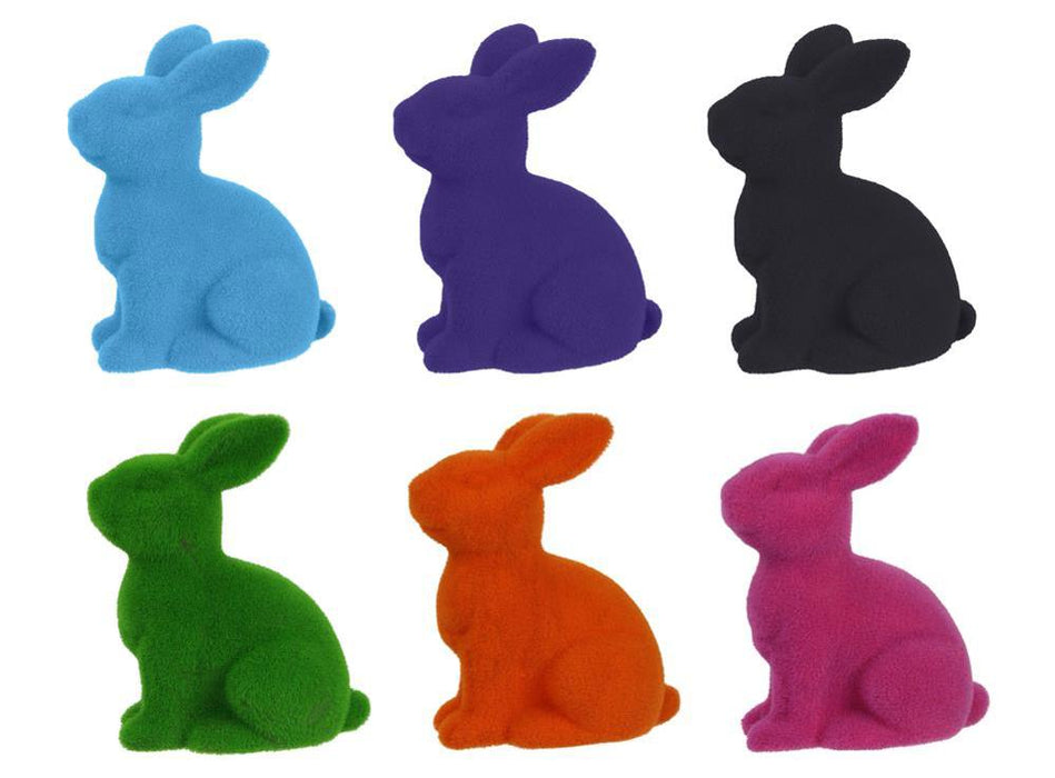 10"H X 8.25"L Flocked Sitting Rabbit  6 Assorted Purple, Pink, Black, Green, Orange, Turquoise HE723199