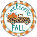 The 12"Dia Metal/Gtr Welcome Fall Truck Sign, model MD0774, showcases a leopard-print truck adorned with pumpkins and flowers. This striking design is set against an orange and white checkered background, with "Welcome Fall" beautifully displayed in green glittery letters. Perfect for metal decor enthusiasts, it's an ideal seasonal welcome sign.