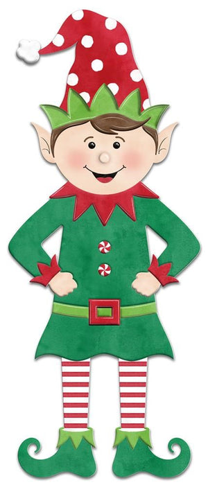 An illustration of the 13.5”Lx5.5”H Metal/Embossed Elf features a cheerful Christmas elf adorned in a red and white polka-dotted hat, sporting a green and red outfit with candy buttons, striped leggings, and whimsical green curled shoes. The elf is marked by its pointy ears and big smile.