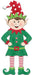 An illustration of the 13.5”Lx5.5”H Metal/Embossed Elf features a cheerful Christmas elf adorned in a red and white polka-dotted hat, sporting a green and red outfit with candy buttons, striped leggings, and whimsical green curled shoes. The elf is marked by its pointy ears and big smile.