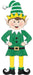 Depiction of a jovial elf designed in metal and embossed details, showcasing an outfit with hues of emerald, white, bright yellow, and black. The elf sports a pointy green hat atop its smiling face, stands confidently with hands on hips, and dons curly-toed shoes for a festive and playful appearance. Model: 13.5”Lx5.5”H MD080048.