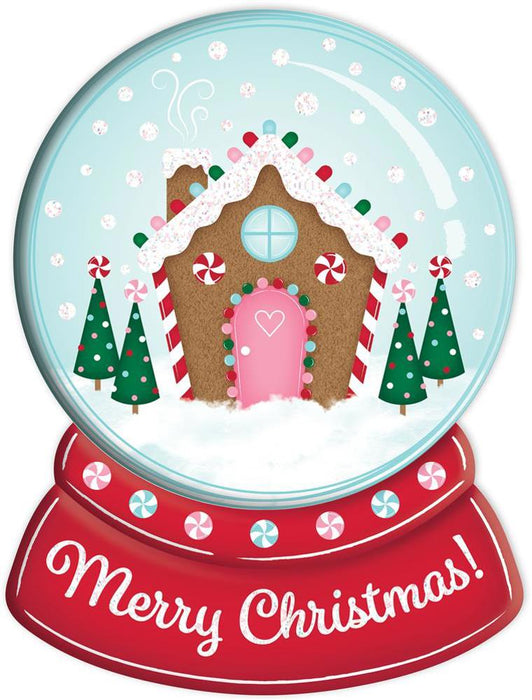 This festive snow globe, named the 12.25"Hx9.25"L Gingerbread House Snow Globe, features a whimsical gingerbread house with a pink door and candy canes, surrounded by three decorated trees. "Merry Christmas!" is displayed on the red metal base while delicate snowflakes swirl around inside, adding to its enchanting charm.