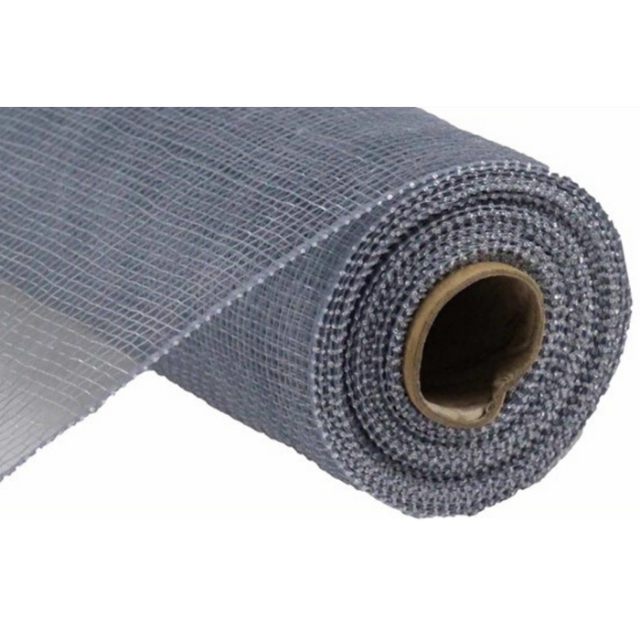 A roll of 10" Grey Deco Poly Mesh RE130210, measuring 10 inches by 10 yards, is partially unrolled to reveal its grid-like pattern. Positioned horizontally, the paper core of the roll is visible at the center.