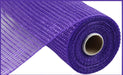 The image showcases a close-up of the 10"X10Yd Horizontal Wide Stripe Mesh in purple (RE890023). The fabric, with its solid purple hue and grid-like semi-transparent texture, features horizontal wide stripes. It is rolled tightly around a white cylindrical core, highlighting both the outer and top edges.