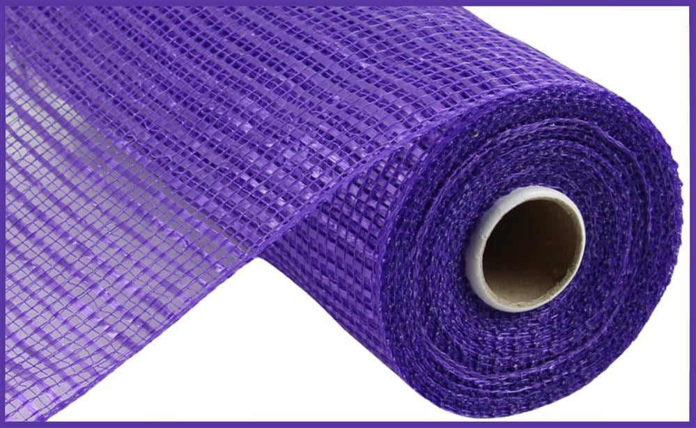 The image showcases a close-up of the 10"X10Yd Horizontal Wide Stripe Mesh in purple (RE890023). The fabric, with its solid purple hue and grid-like semi-transparent texture, features horizontal wide stripes. It is rolled tightly around a white cylindrical core, highlighting both the outer and top edges.