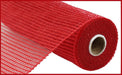 A large roll of the 10"X10Yd Red Horizontal Wide Stripe Mesh, identified by code RE890024, displays a visible white core. Partially unrolled, it reveals its grid-like structure made from polypropylene. The fabric is set against a plain white background with a red border.