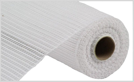 A roll of 10" White Wide Stripe Deco Mesh (product code RE890027) is partially unrolled, showcasing its grid pattern. This polypropylene fabric, similar in style to fiberglass mesh fabric, is wound around a cardboard core and is frequently used for construction or reinforcement purposes.