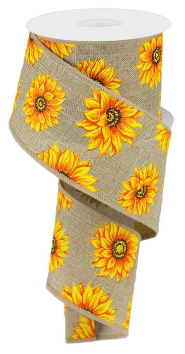 2.5"X10Yd Multi Sunflowers/Royal Burlap  Beige/Yellow/Orange/Rust/Brown  RG01873CJ