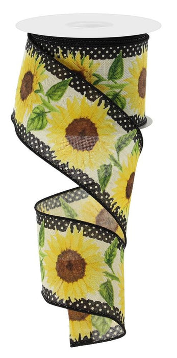 2.5"X10Yd Sunflowers W/Polka Dots  Cream/Yellow/Brown/Green  RGE1105C2