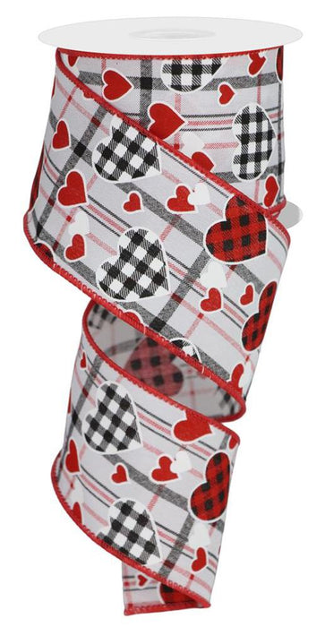 2.5"X10Yd Check Heart/Mini Heart/Plaid  White/Red/Black  RGE1408