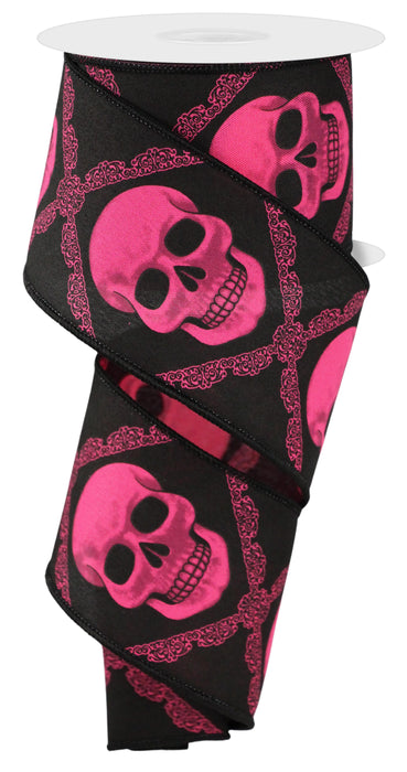 2.5"X10Yd Hot Pink/Black/Grey Skulls RGE181111