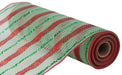 A partially unrolled roll of the 10.25"X10Yd Poly/Faux Jute/Metallic Mesh Sage/Red/Emerald RY8020R5, showcasing its mesh texture and glittery finish with red and emerald diagonal stripes, perfect for holiday crafts or gift wrapping.