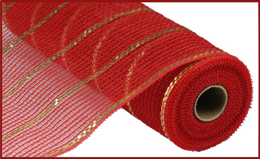 10.25"X10Yd Poly/Jute/Metallic Mesh  Red/Matte Gold  RY832939