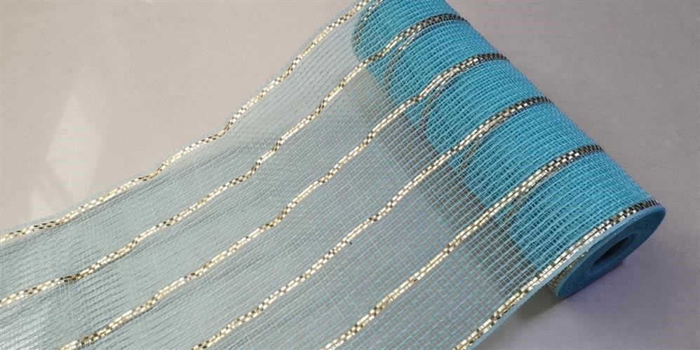 10.25"X10Yd Poly/Jute/Metallic Mesh  Ice Blue/Matte Gold  RY8329AM