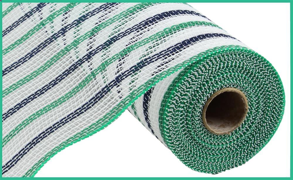 10.25"X10Yd Faux Jute Stripe Mesh  White/Emerald/Navy  RY8338CC