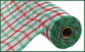 The 10.25" x 10-yard roll of Faux Jute Check Mesh in White/Red/Emerald (RY8339R3) features an elegant plaid pattern with bold red and emerald colors on a white base. When partially unrolled, the faux jute texture and intricate design are displayed beautifully.