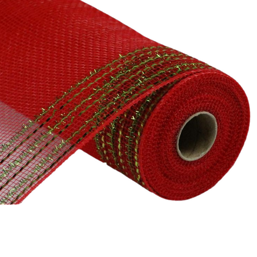 A roll of the 10.5" Red Lime Tinsel Border Mesh RY850534 is partially unrolled, highlighting its open weave and shiny texture, similar to a tinsel border mesh.