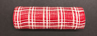 A roll of Red Jute-Cream Fuzz Plaid Mesh, sized 10" by 10 yards, elegantly displayed against a black background.