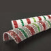 Two rolls of decorative mesh ribbon are displayed on a black surface. One roll features metallic red glittery stripes, while the other is the 10" White Red Green Snowball Stripe Mesh XB98210-17, made of polypropylene with alternating red, green, and white glittery stripes for a festive appearance.