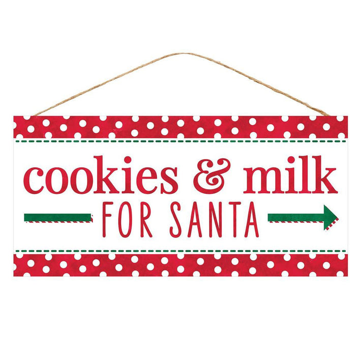 The 12.5" Cookies & Milk for Santa Christmas Sign (AP7025) is a delightful decoration featuring red and white polka dots with "COOKIES & MILK FOR SANTA" written in festive red and green text, complete with an arrow pointing to the right. It hangs gracefully from a slender rope.