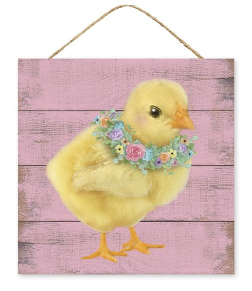 10"Sq Chick W/Floral Wreath Sign    Pink/Yellow/Orange/Multi   AP7097