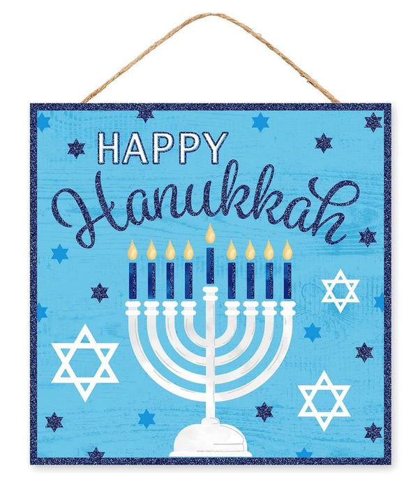 10"Sq Happy Hanukkah Glitter Sign  Blue/White/Lt Gold  AP8969