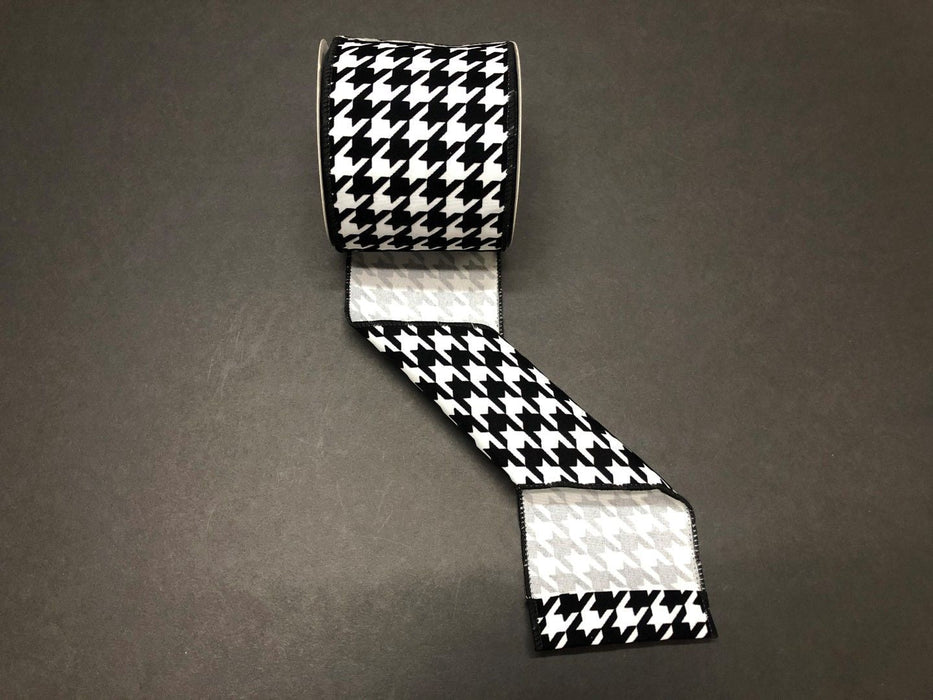 White Satin/Black Flocked Houndstooth, 4"X10Y  Ribbon   72149-04-21