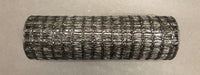 A cylindrical roller featuring the product "Black Metallic Wide Weave Mesh" with dimensions of 10"x10Y, showcasing a grid-like pattern akin to black metallic mesh, is positioned on a neutral gray surface.