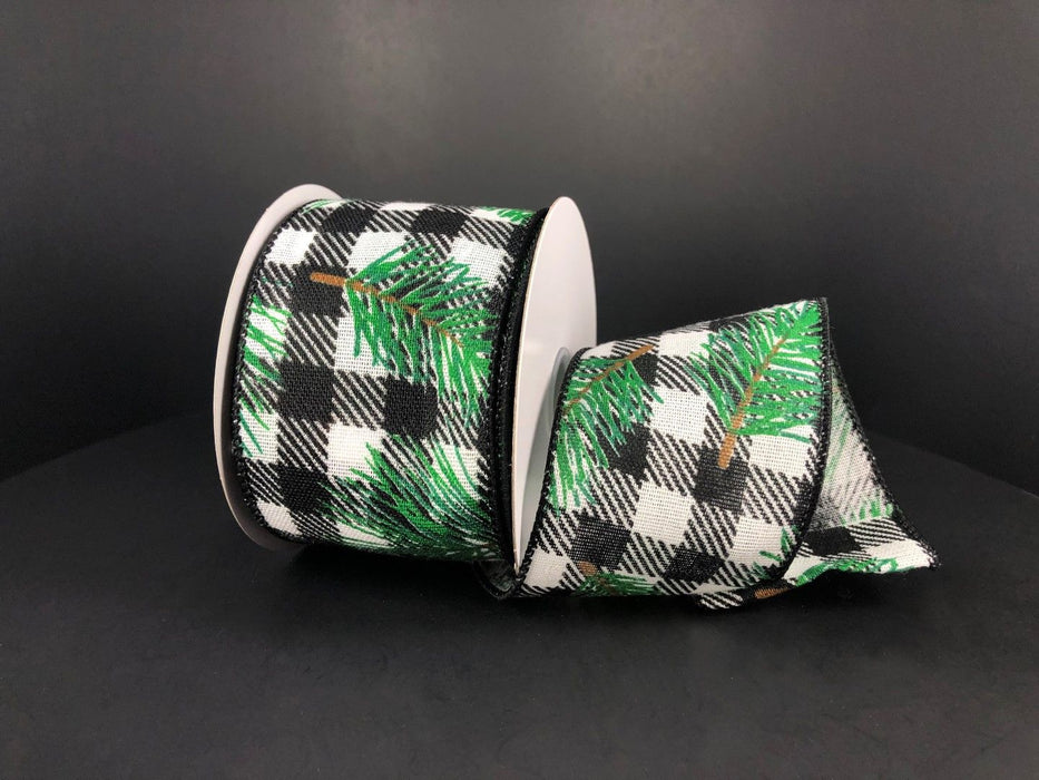 Black-White Buffalo Plaid Linen/Pine Needles, 2.5"X10Y  Ribbon   71195-40-21