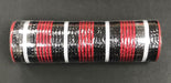 A roll of Red Fabric/Black Metallic-White Stripe Mesh, measuring 10 inches by 10 yards, is crafted from durable polypropylene, wrapped in clear plastic, and placed on a dark surface.