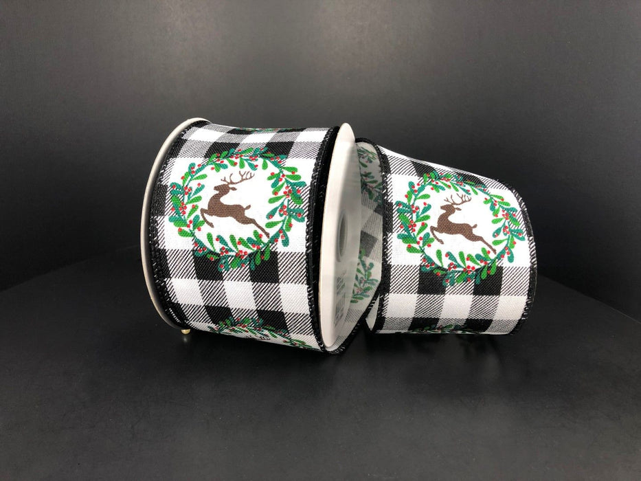 Black-White Buffalo Plaid/Deer Wreath, 2.5"X10Y  Ribbon   71189-40-01