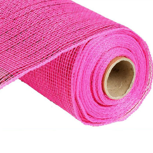 A roll of 10" Hot Pink Foil Metallic Deco Poly Mesh RE130111 is partially unrolled, showcasing its textured, woven design. Crafted from polypropylene, the mesh is neatly wrapped around a cardboard core, perfect for crafting or decorative applications.