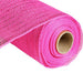 A roll of 10" Hot Pink Foil Metallic Deco Poly Mesh RE130111 is partially unrolled, showcasing its textured, woven design. Crafted from polypropylene, the mesh is neatly wrapped around a cardboard core, perfect for crafting or decorative applications.