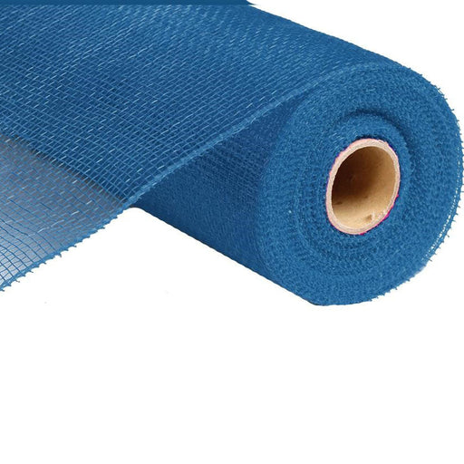 A roll of 10" Denim Blue Deco Poly Mesh RE1302MM is displayed against a white background, featuring a visible cardboard core. The tightly wound denim blue polypropylene mesh showcases its texture prominently along the edges.