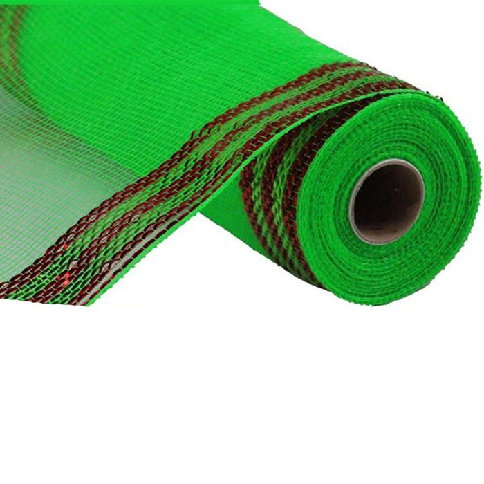 A partially unrolled roll of 10" lime green metallic deco mesh with red border stripes reveals a cylindrical brown core, showcasing its striking grid-like pattern.