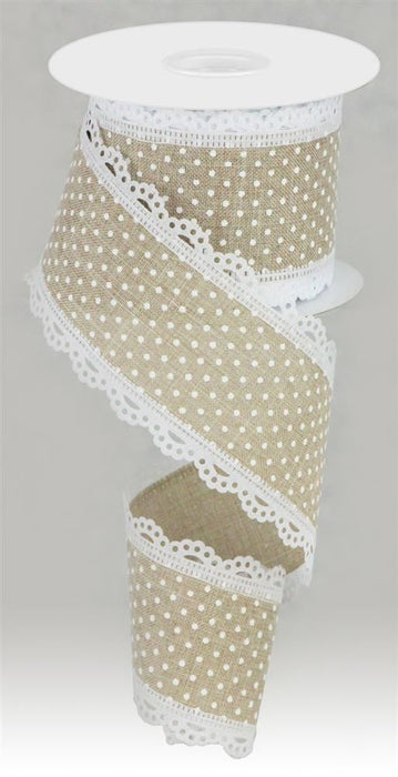 2.5"X10Yd Raised Swiss Dots W/Lace  Natural/White  RG0887018