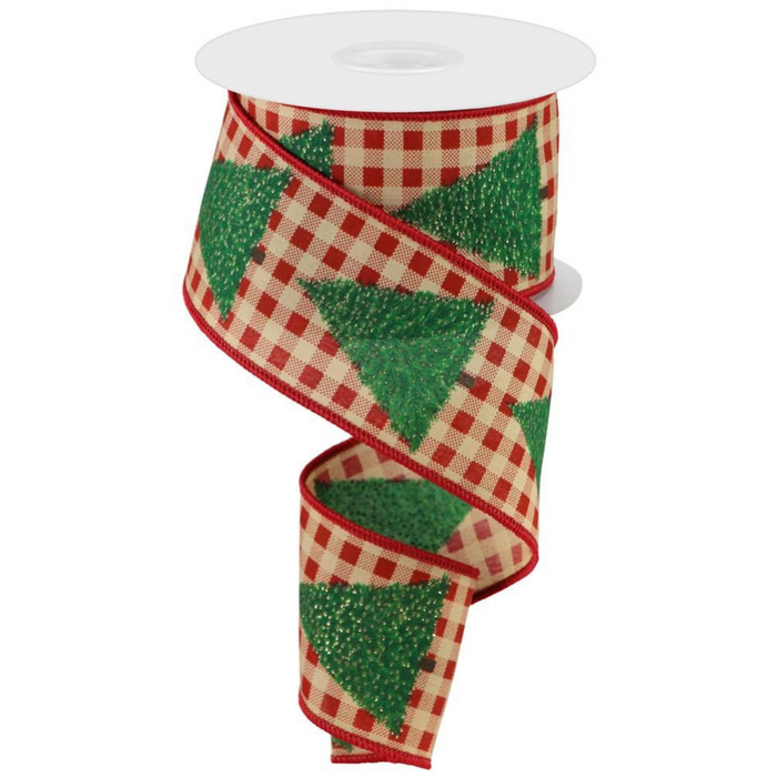 The 2.5" Christmas Tree with Gingham Check Tan Green Brown Red (RGC1699F2) ribbon features a red and white gingham check pattern adorned with green glittery Christmas tree designs. Its wire edge ensures it maintains its shape perfectly when unrolled, highlighting its festive holiday theme.