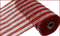 The 10"X10Yd Poly Burlap Double Stripe Mesh in Red/White (RP810634) offers a textured, woven appearance ideal for crafts or gift wrapping. This decorative ribbon features a striking red and silver stripe pattern and its partially unrolled roll highlights the vibrant design.