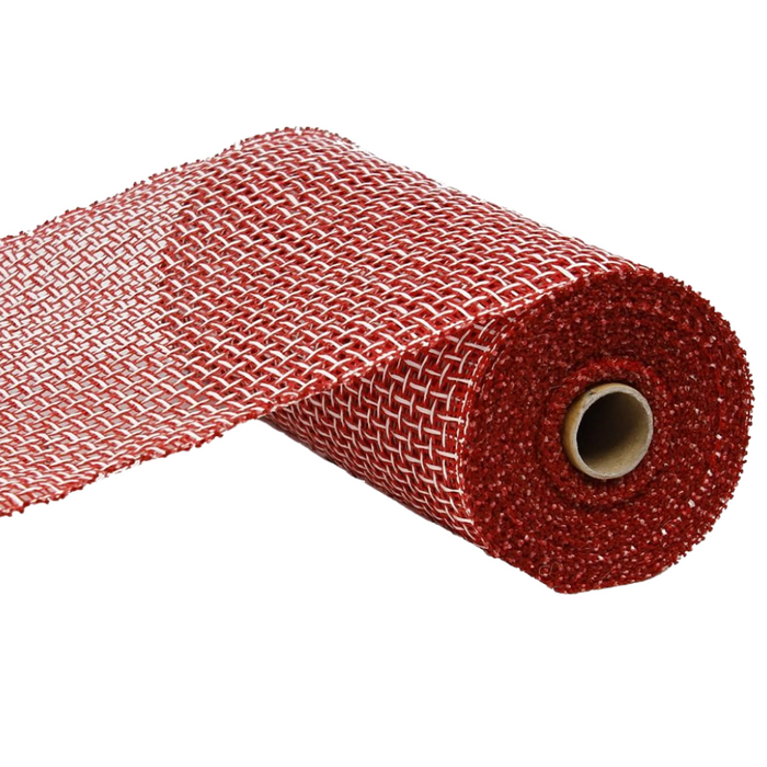 The 10" Red White Poly Burlap Criss Cross Mesh RP811134 is elegantly displayed, partially unrolled to showcase its rich texture. It features a red and white woven pattern made from durable polypropylene, complete with a cardboard core, set against a plain white background.