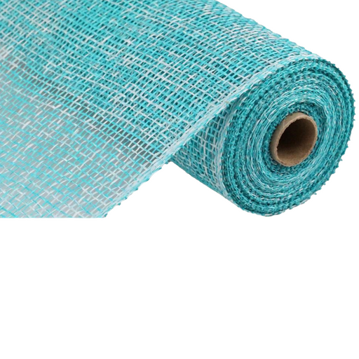 Partially unrolled against a white backdrop, the 10" Turquoise White Two Tone Poly Burlap Mesh RP8155M3 reveals its captivating blend of colors. Made from lightweight polypropylene, this woven material features a grid-like pattern that enhances its visual appeal.