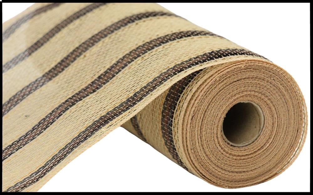 10.25"X10Yd Poly/Jute/Foil Stripe Mesh  Natural/Black/Brown/Gold  RY8023W1