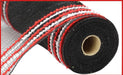 A tightly rolled 10.25" x 10-yard Drift/PP Wide Border Mesh fabric, product code RY8116D6, features black with red and white stripes along the edges. Made from polypropylene polyester, the roll reveals its cylindrical core against a plain white background bordered in red.