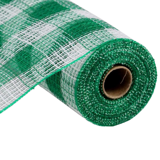 The 10.5" White Emerald Green Small Check Faux Jute Mesh RY8320M6, made from polypropylene or faux jute, features a delightful checkered pattern. It is partially unrolled against a white background, displaying its cylindrical cardboard core.