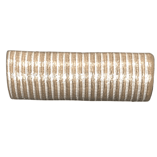 The 10 Natural Fabric Mesh White Stripes XB102010-15 is a cylindrical hair roller with a beige textured surface and elegant white horizontal stripes.