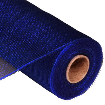 The 10" Navy Blue Deco Poly Mesh RE130219 features a roll of polypropylene fabric with a slightly shiny and textured appearance visibly packed on a cardboard cylindrical core, highlighting the distinct mesh pattern along its edges.